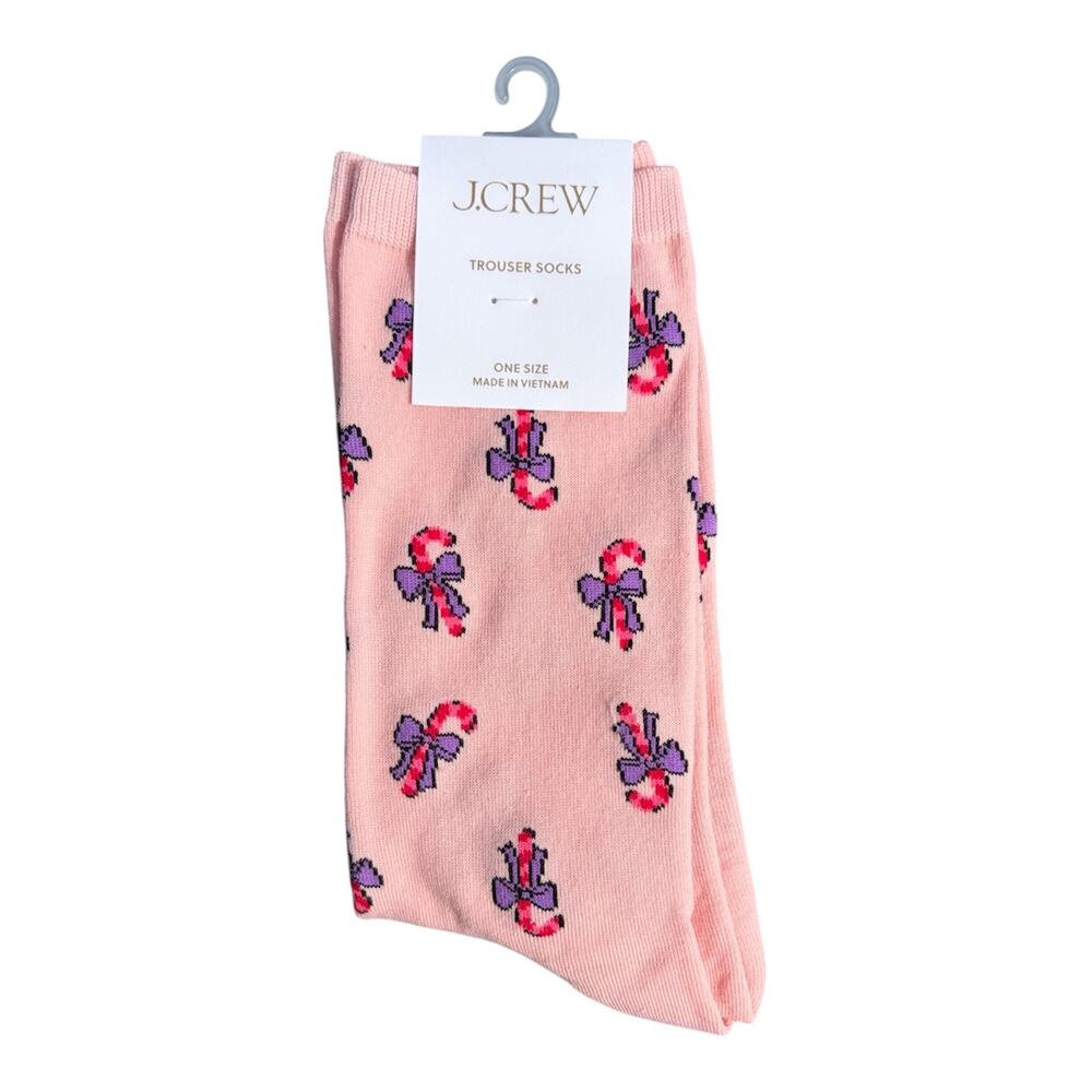 J. Crew Womens Christmas Candy Cane Bows Pink Trouser Socks NWT One Size